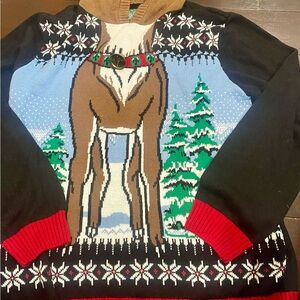 Ugly Christmas Sweater Bell Detail Festive Reindeer Hoodie Sweater